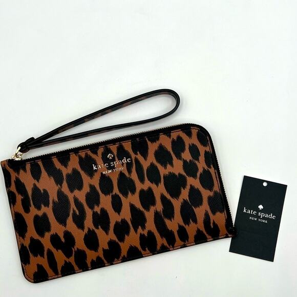 NWT! Kate Spade Lucy Medium L Zip Wristlet Leopard Print - Picture 1 of 9